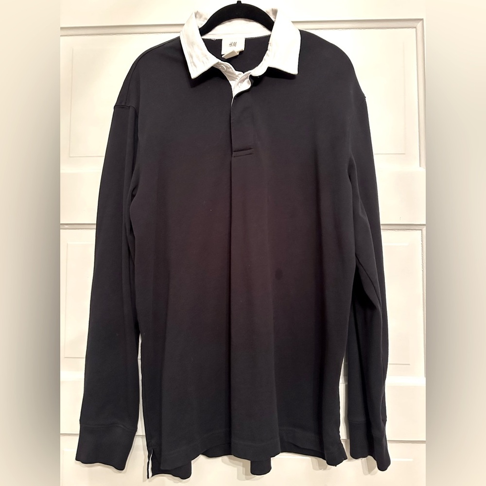 H&M cotton Rugby shirt black with contrast white collar.